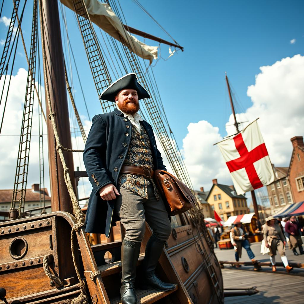 An 18th century man with no beard, elegantly dressed, disembarking from a grand galleon via a wooden ladder