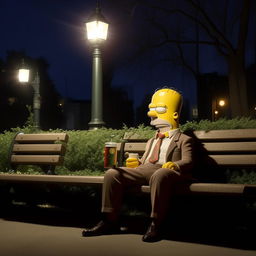 Homer Simpson, dressed in a spiffy suit, sitting alone on a park bench at night. He is sipping from a can, bathed in the dim light from a nearby streetlamp, creating a calm and quiet atmosphere.