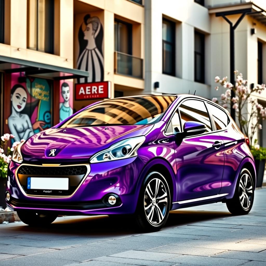 A stunning purple Peugeot 208 parked in an upscale urban environment, showcasing its dynamic lines and stylish features
