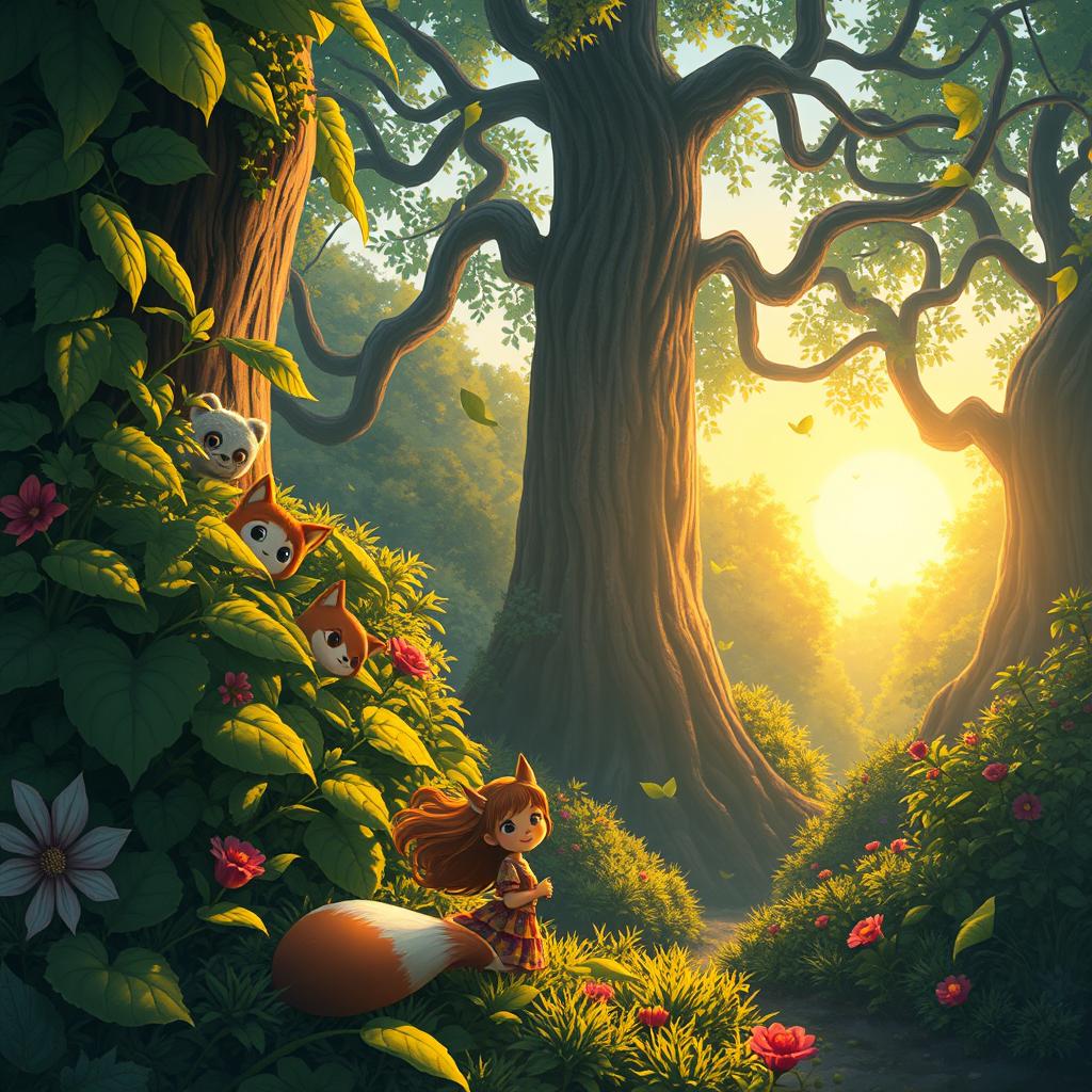 A magical forest scene bathed in the soft glow of a setting sun, featuring whimsical creatures peeking from behind lush green foliage