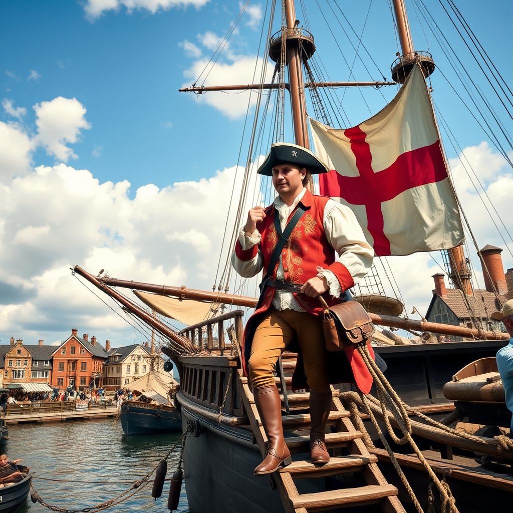 An 18th century man gracefully disembarking from a grand galleon using a wooden ladder
