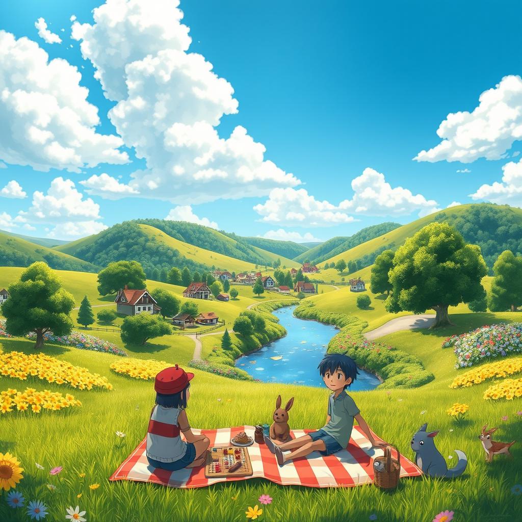 A whimsical, vibrant landscape inspired by Studio Ghibli, featuring lush, rolling hills, a serene village with charming houses, and a clear blue sky dotted with fluffy white clouds