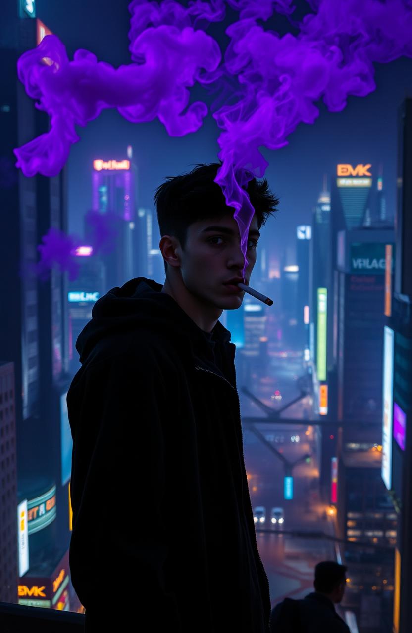 A lone young man smoking a cigarette, with vibrant purple smoke rising around him