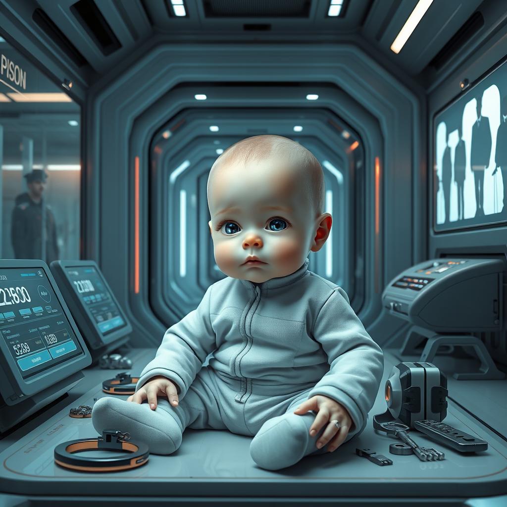 A futuristic depiction of a genetically engineered baby designed to become a prison officer in a high-tech environment