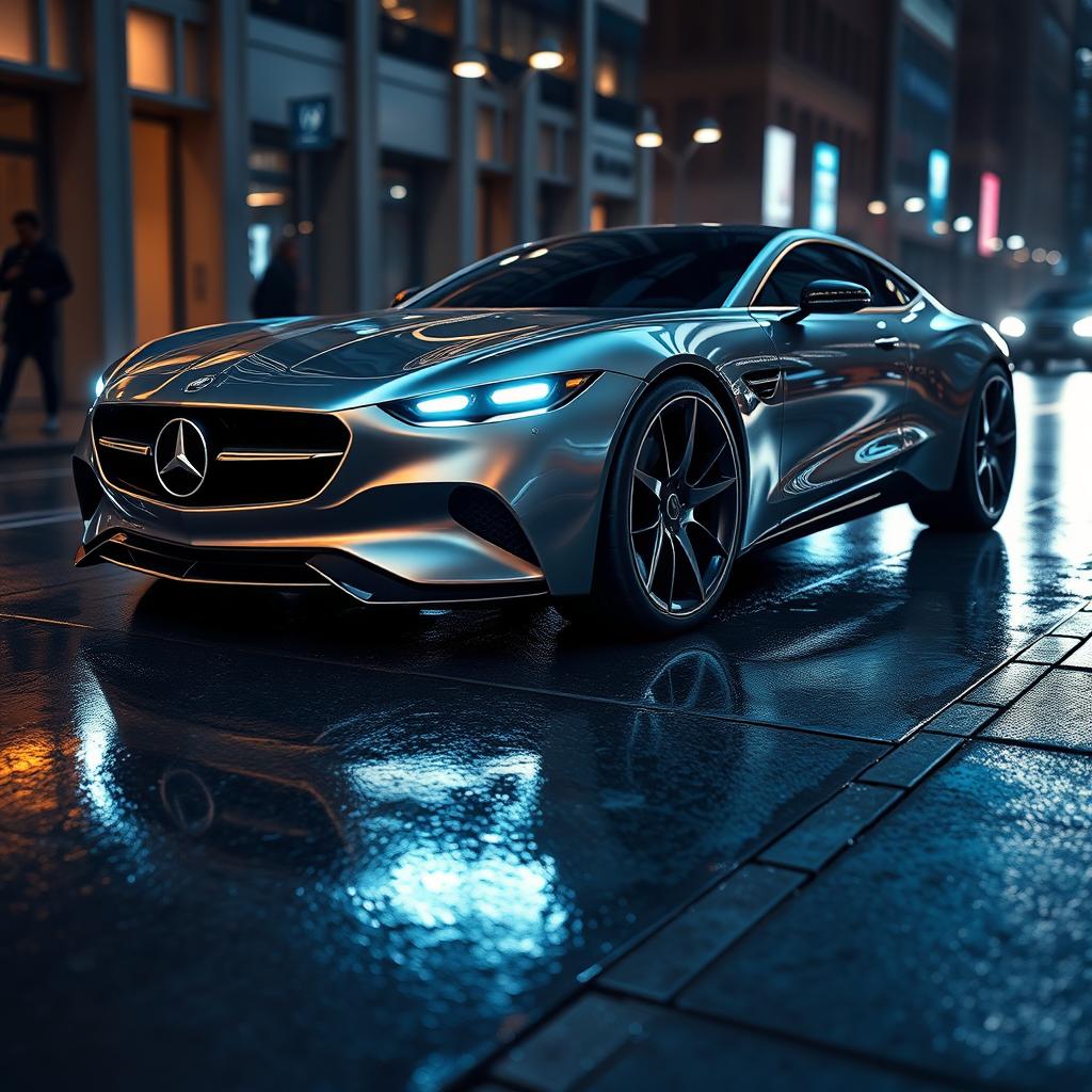 A futuristic car concept inspired by the classic Mercedes-Benz W126, featuring sleek aerodynamic lines, a polished metallic finish, and modern LED headlights