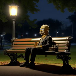 Homer Simpson, dressed in a spiffy suit, sitting alone on a park bench at night. He is sipping from a can, bathed in the dim light from a nearby streetlamp, creating a calm and quiet atmosphere.