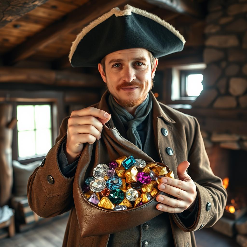 An 18th-century man holding a leather bag filled with sparkling diamonds, colorful gemstones, and shiny gold nuggets inside a rustic cabin