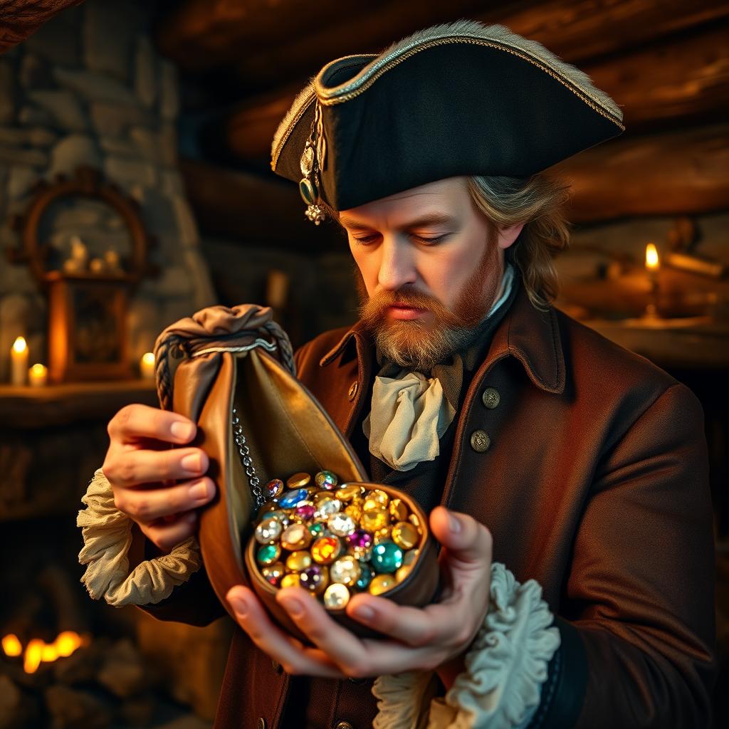An 18th-century man holding and gazing at a leather bag filled with sparkling diamonds, colorful gemstones, and shiny gold nuggets inside a rustic cabin