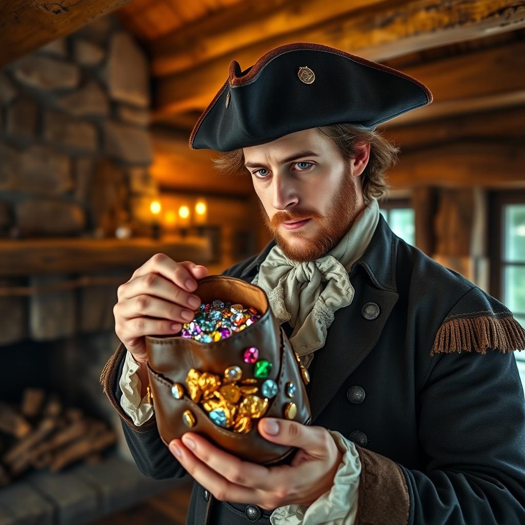 A clean-shaven 18th-century man holding and admiring a leather bag filled with glittering diamonds, vibrant gemstones, and shiny gold nuggets inside a rustic cabin