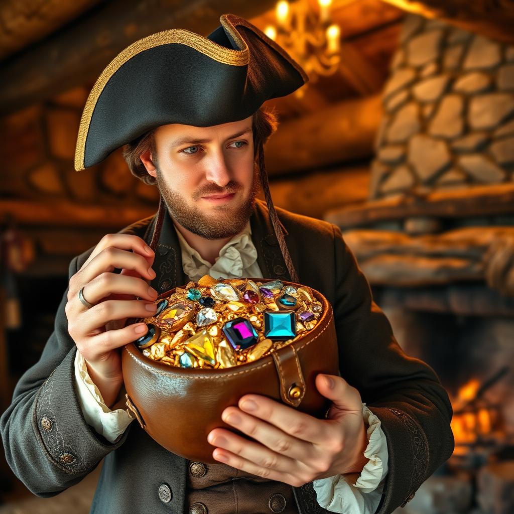 An 18th-century man intently holding and gazing at a leather bag filled with dazzling diamonds, vibrant gemstones, and gleaming gold nuggets inside a rustic cabin