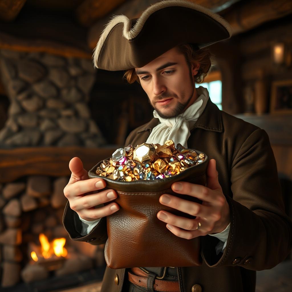 An 18th-century man holding and gazing at a leather bag filled with shimmering diamonds, vibrant gemstones, and glimmering gold nuggets inside a rustic cabin