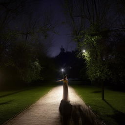 An elegant woman wearing a flowing dress, gracefully walking in a tranquil park under the moonlit night. The scenery around her is serene, illuminated by soft and subtle night time lights.