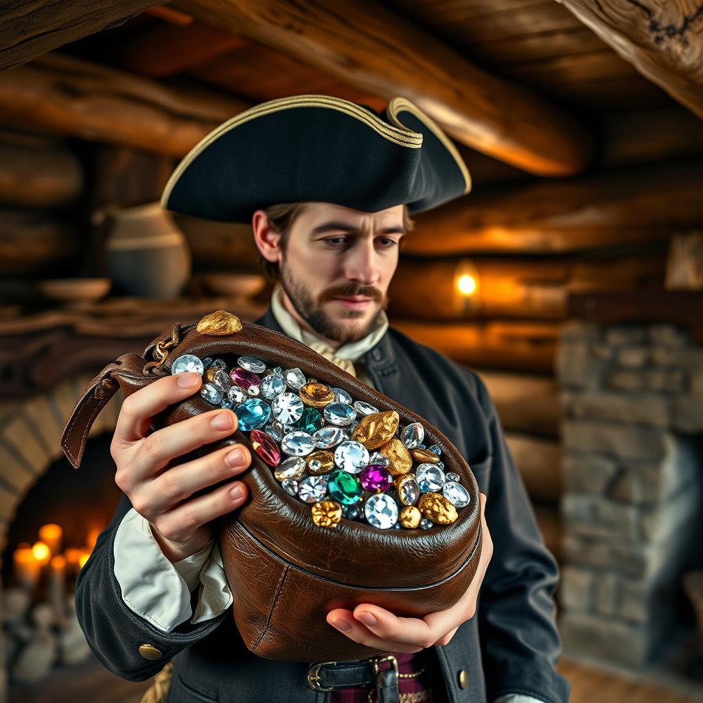 An 18th-century man holding and gazing at a leather bag overflowing with sparkling diamonds, colorful gemstones, and shining gold nuggets inside a rustic cabin