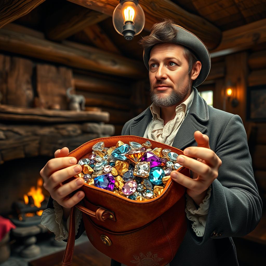 A clean-shaven 18th-century man intently holding and gazing at a leather bag overflowing with sparkling diamonds, colorful gemstones, and shiny gold nuggets inside a rustic cabin