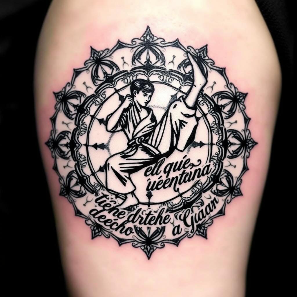 A tattoo design incorporating martial arts philosophy, featuring the quote "el que entrena tiene derecho a ganar"