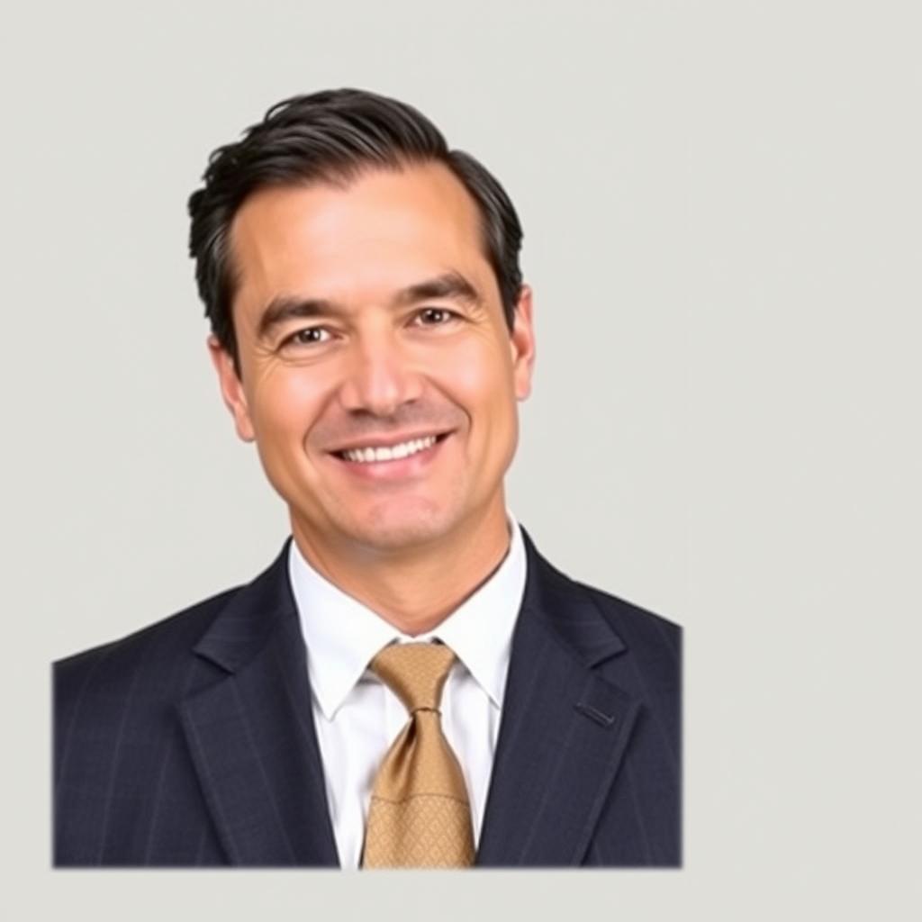 A professional passport photo featuring a well-groomed individual wearing a classic suit and tie