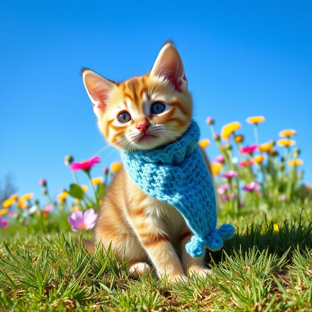 Image of a young cat wearing a tiny blue knitted scarf, sitting on a soft green grass patch under a clear blue sky, with a playful expression