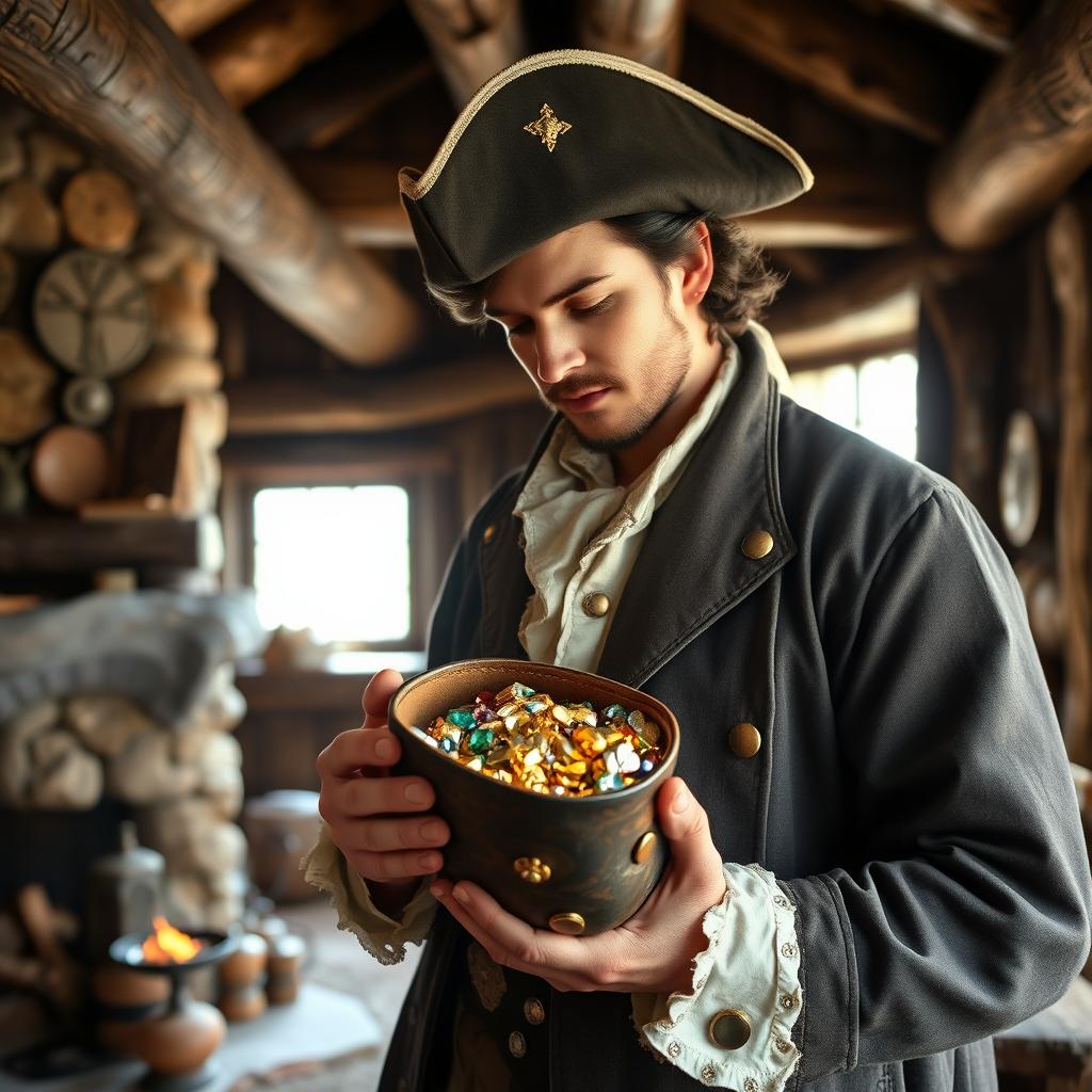 An 18th-century man standing inside a rustic cabin, looking down at a small open leather bag brimming with sparkling diamonds, colorful gemstones, and shiny gold nuggets
