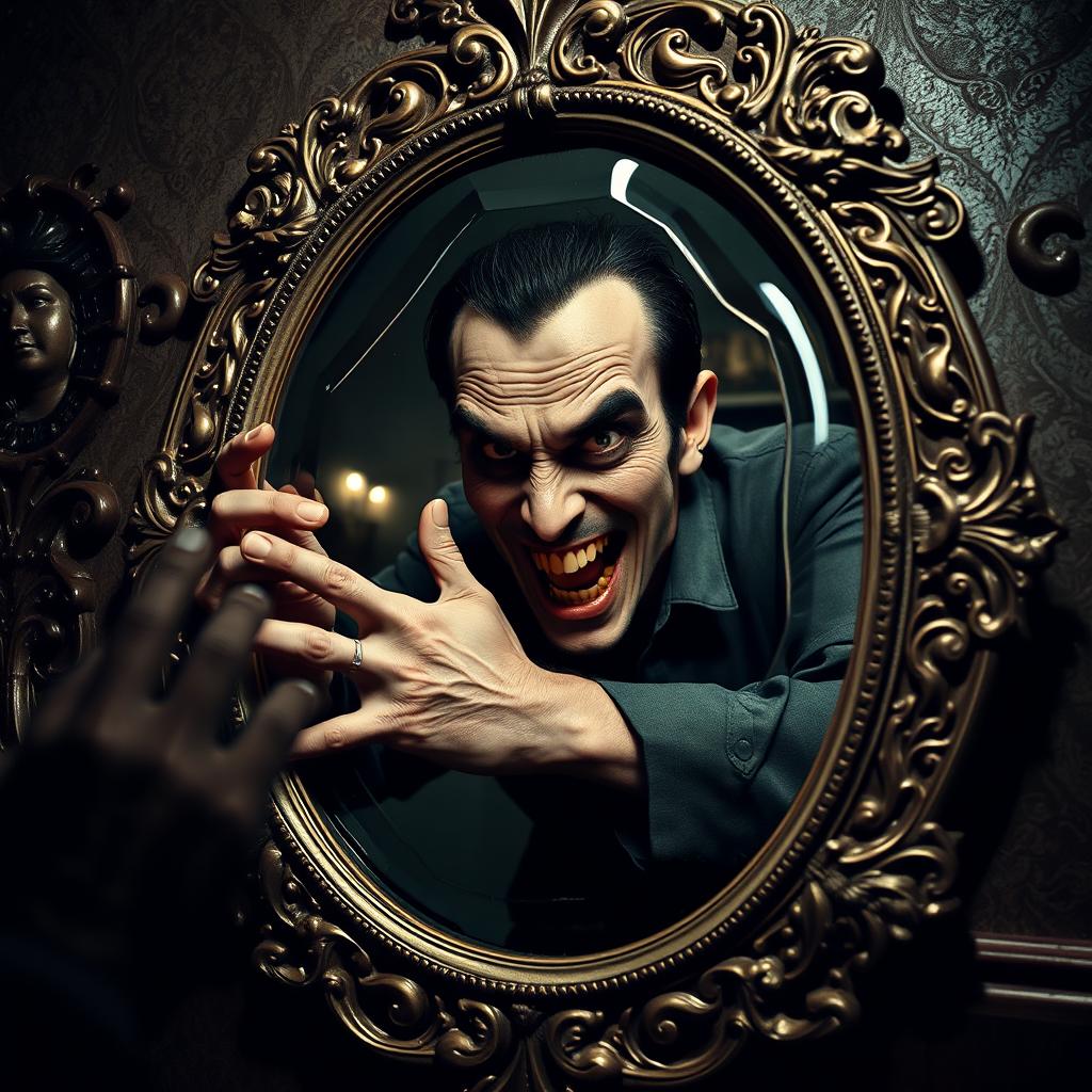 A sinister reflection of a man attempting to escape from a mirror