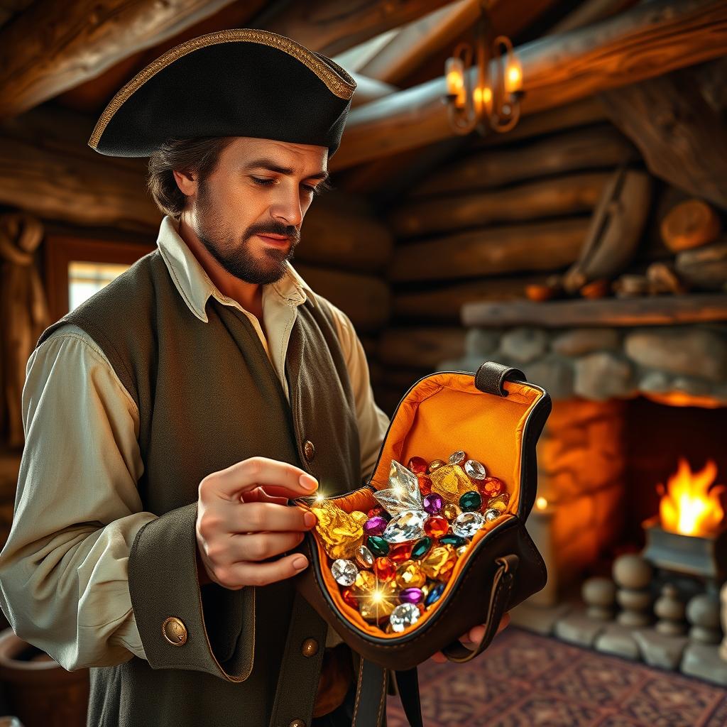 An 18th-century man standing inside a rustic cabin, looking at a small open leather bag filled with sparkling diamonds, colorful gemstones, and shiny gold nuggets