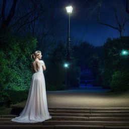 An elegant woman wearing a flowing dress, gracefully walking in a tranquil park under the moonlit night. The scenery around her is serene, illuminated by soft and subtle night time lights.