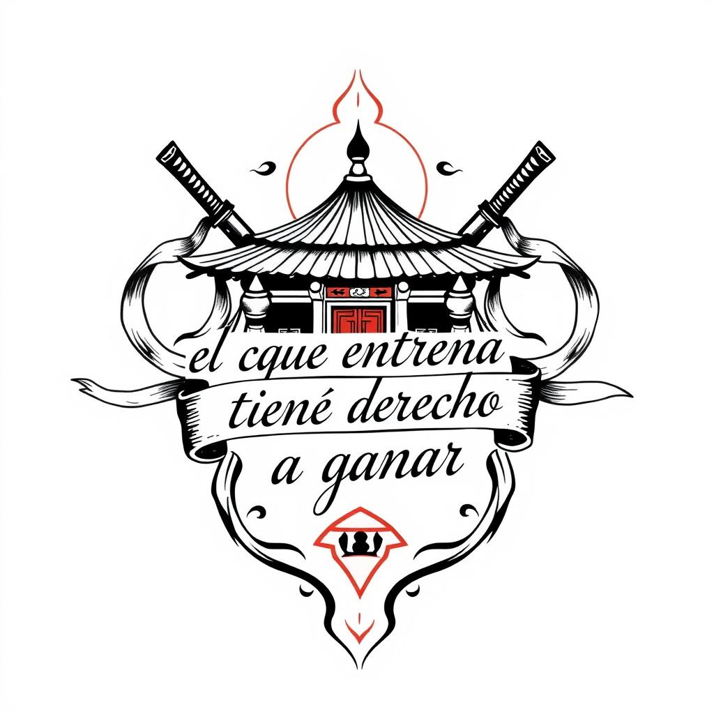 A tattoo design centered around martial arts philosophy, featuring the quote "el que entrena tiene derecho a ganar"
