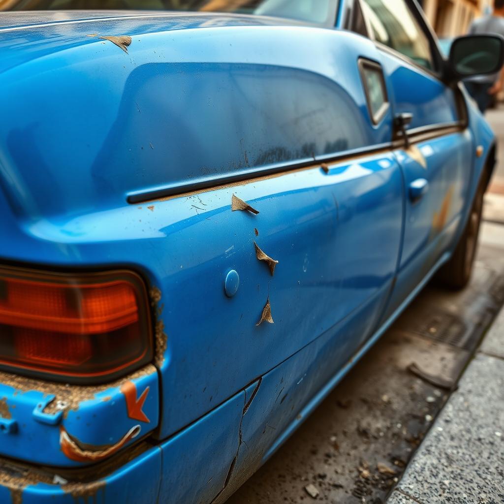 A damaged car in a striking blue color, showcasing dents and scratches, set against an urban backdrop