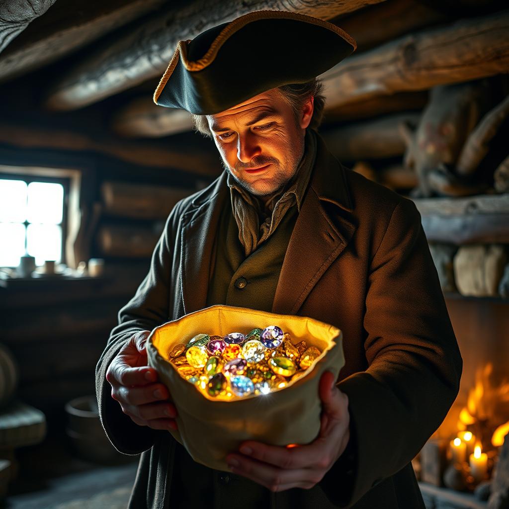 An 18th-century man standing inside a rustic cabin, looking at a small open canvas bag filled with sparkling diamonds, vibrant gemstones, and shiny gold nuggets