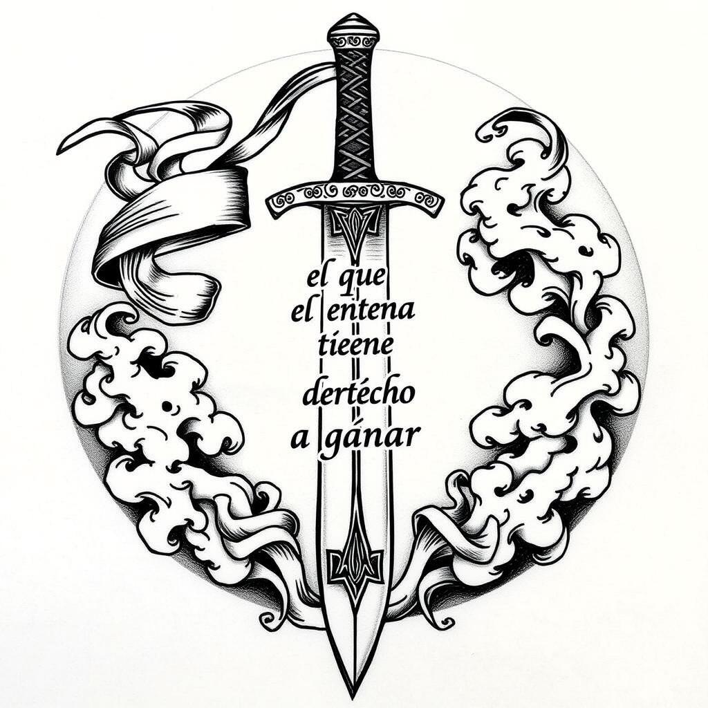 A tattoo design focused on martial arts philosophy, featuring the quote "el que entrena tiene derecho a ganar" elegantly integrated within the blade of a stylized sword