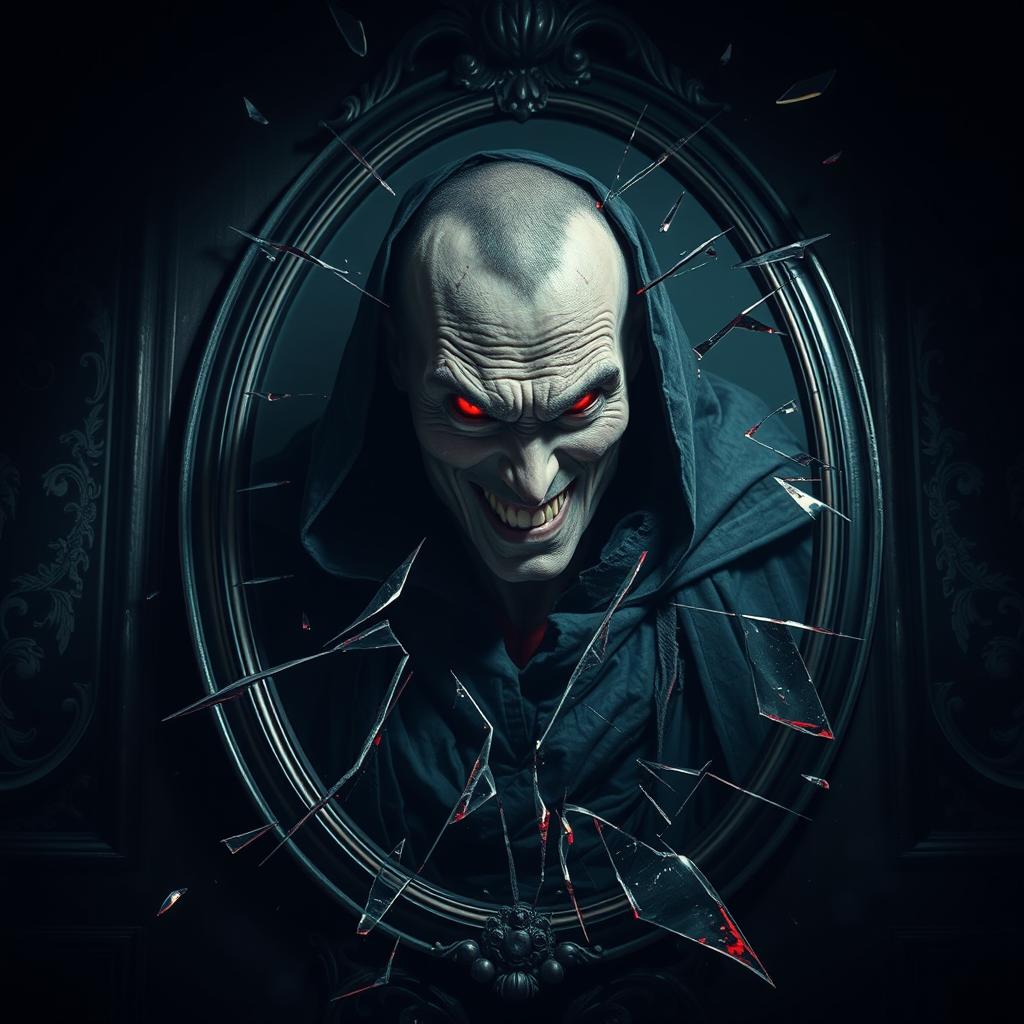 A sinister reflection of an evil man shattering out of a mirror