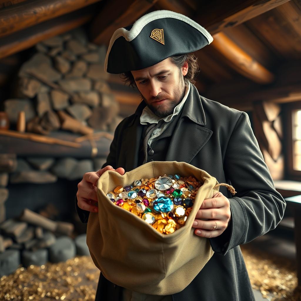 An 18th-century man standing inside a rustic cabin, peering into a small open canvas duffel bag, which is elongated and filled with a dazzling assortment of diamonds, vibrant gemstones, and shiny gold nuggets