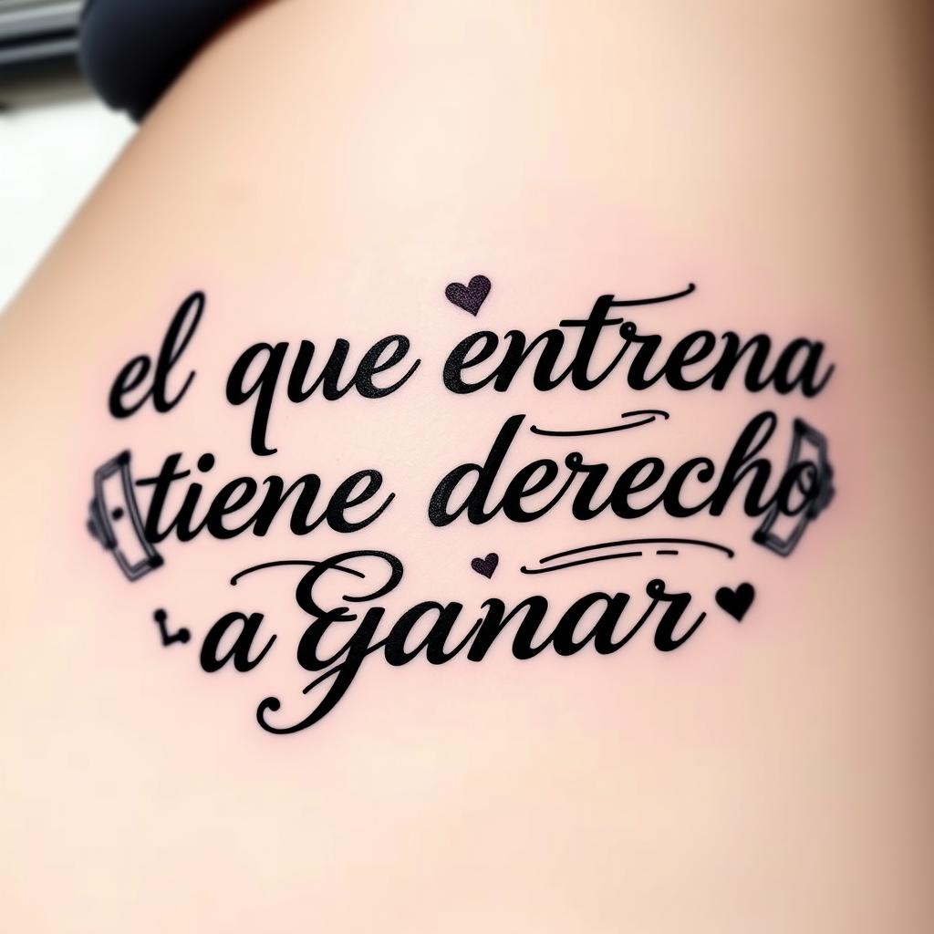 A tattoo design featuring the phrase "el que entrena tiene derecho a ganar" elegantly stylized in a bold, artistic font