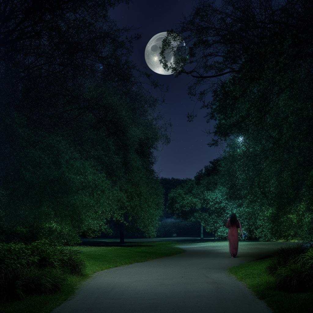 An elegant woman wearing a flowing dress, gracefully walking in a tranquil park under the moonlit night. The scenery around her is serene, illuminated by soft and subtle night time lights.