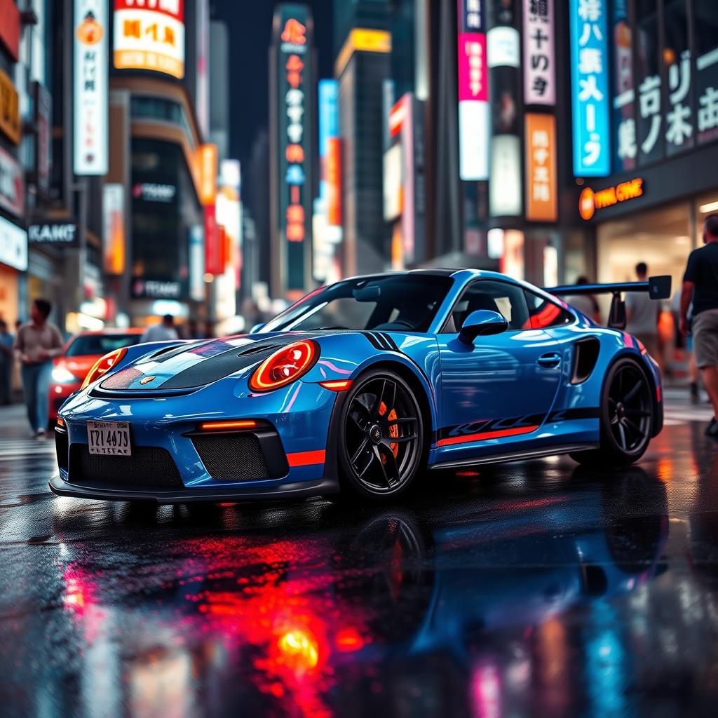 A vibrant Porsche 911 GT3 RS featuring neon headlights, parked in the bustling streets of Tokyo at night