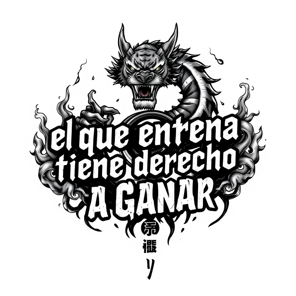 A tattoo design featuring the phrase "el que entrena tiene derecho a ganar" in an impactful and bold font