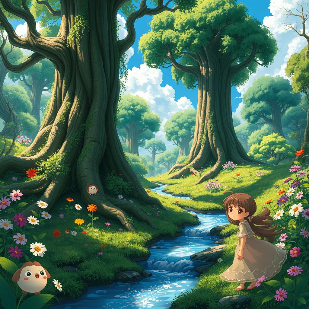A magical forest scene in the whimsical style of Studio Ghibli, featuring lush greenery, tall ancient trees with gnarled roots, and vibrant, colorful flowers