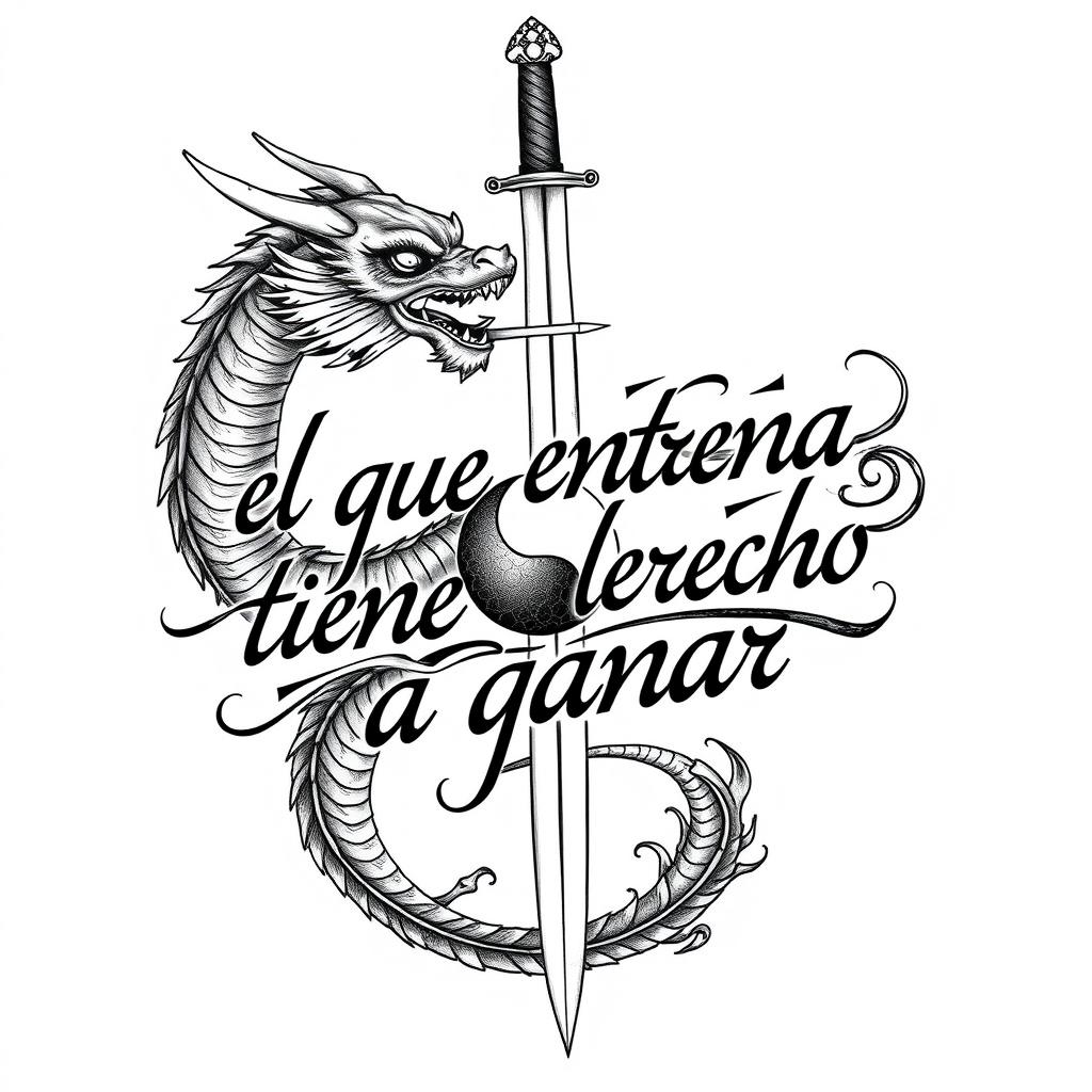 A tattoo design featuring the phrase "el que entrena tiene derecho a ganar" intricately woven into the overall art