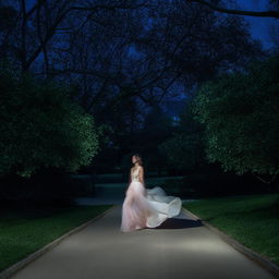 An elegant woman wearing a flowing dress, gracefully walking in a tranquil park under the moonlit night. The scenery around her is serene, illuminated by soft and subtle night time lights.