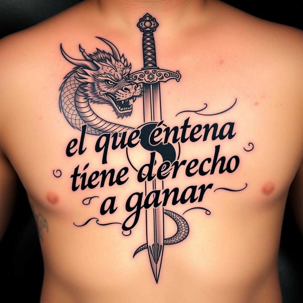 An enhanced tattoo design featuring the phrase "el que entrena tiene derecho a ganar" beautifully integrated with a more detailed and intricately designed dragon
