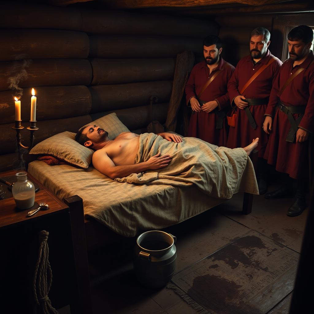 An 18th-century man lying in a rustic cabin bed, looking ill from smallpox, covered from shoulder down with a simple blanket