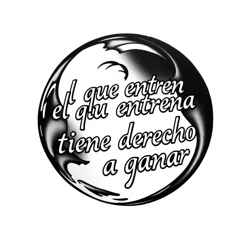 A striking tattoo design featuring the phrase "el que entrena tiene derecho a ganar" intricately enclosed within a yin-yang symbol