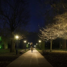 A stylish woman in a chic skirt, confidently walking in a peaceful park under the starlight. The surroundings are bathed in a soft glow from nearby street lamps, highlighting her elegance.