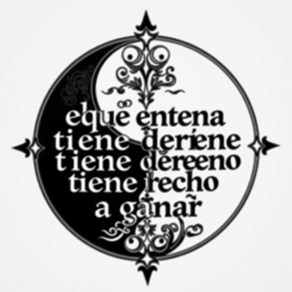 An enhanced tattoo design featuring the phrase "el que entrena tiene derecho a ganar" elegantly enclosed within a yin-yang symbol