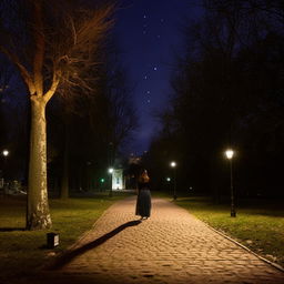 A stylish woman in a chic skirt, confidently walking in a peaceful park under the starlight. The surroundings are bathed in a soft glow from nearby street lamps, highlighting her elegance.