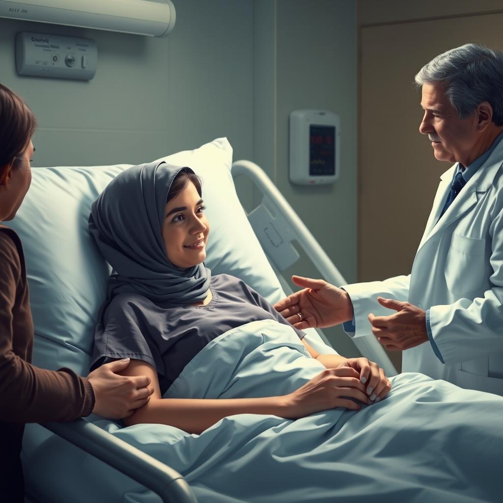 A poignant hospital scene depicting a young woman with cancer, lying in a hospital bed, looking frail but with a faint smile