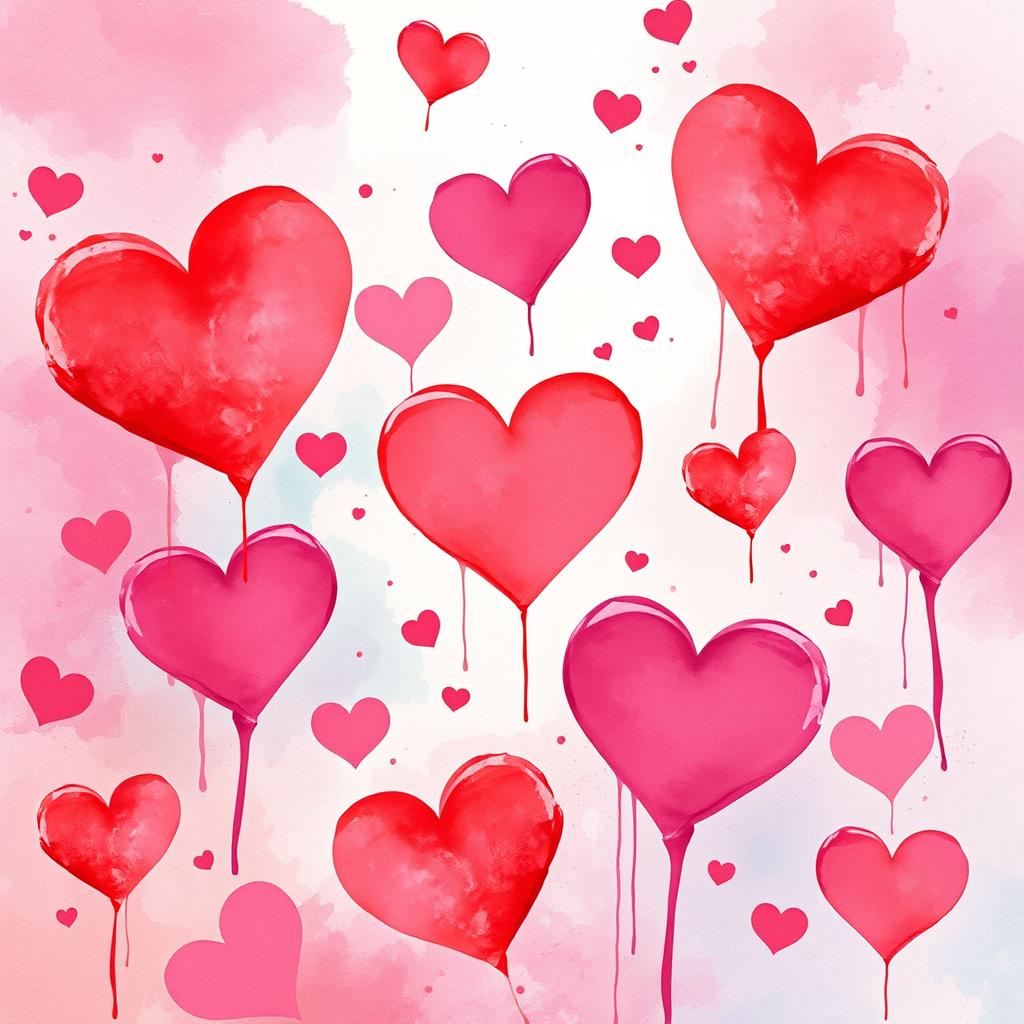 An abstract image featuring realistic watercolor hearts in various sizes and shades of red, pink, and purple, blending seamlessly into a vibrant, colorful background