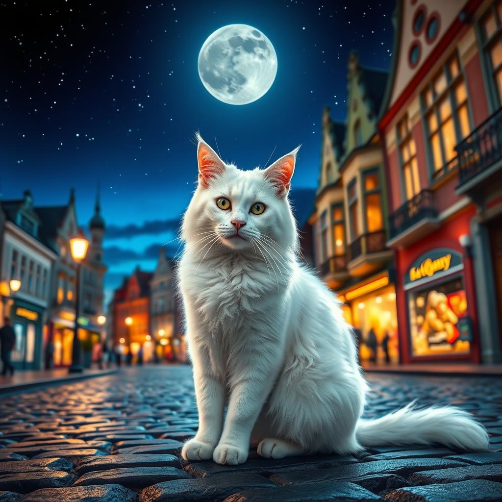 A majestic white cat sitting gracefully on a cobblestone street in a vibrant, colorful city at night