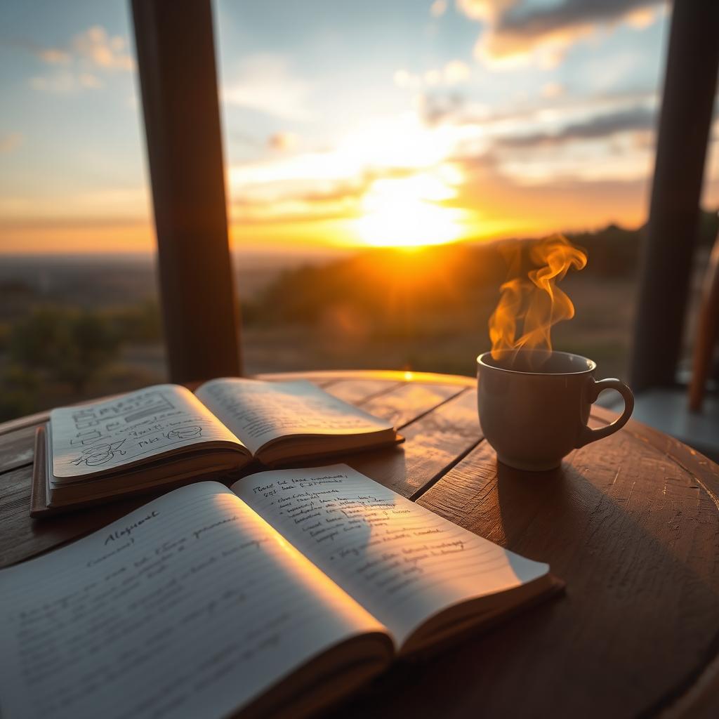 A detailed image of a round wooden table with a cozy atmosphere, featuring a steaming cup of coffee next to a notebook filled with sketches and notes
