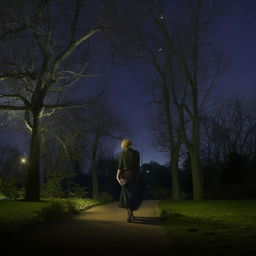 A stylish woman in a chic skirt, confidently walking in a peaceful park under the starlight. The surroundings are bathed in a soft glow from nearby street lamps, highlighting her elegance.