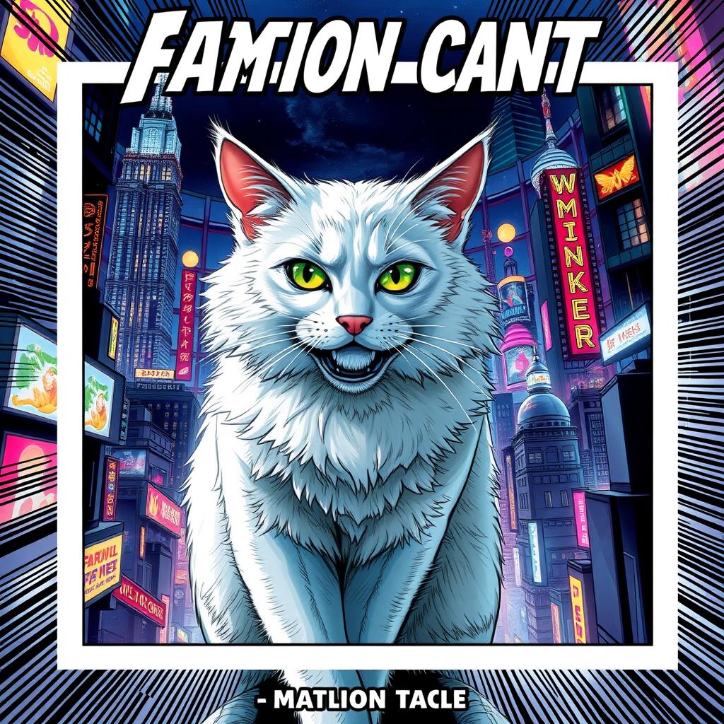 A stunning comic book cover featuring a majestic white cat at the center, surrounded by a vibrant, bustling city at night